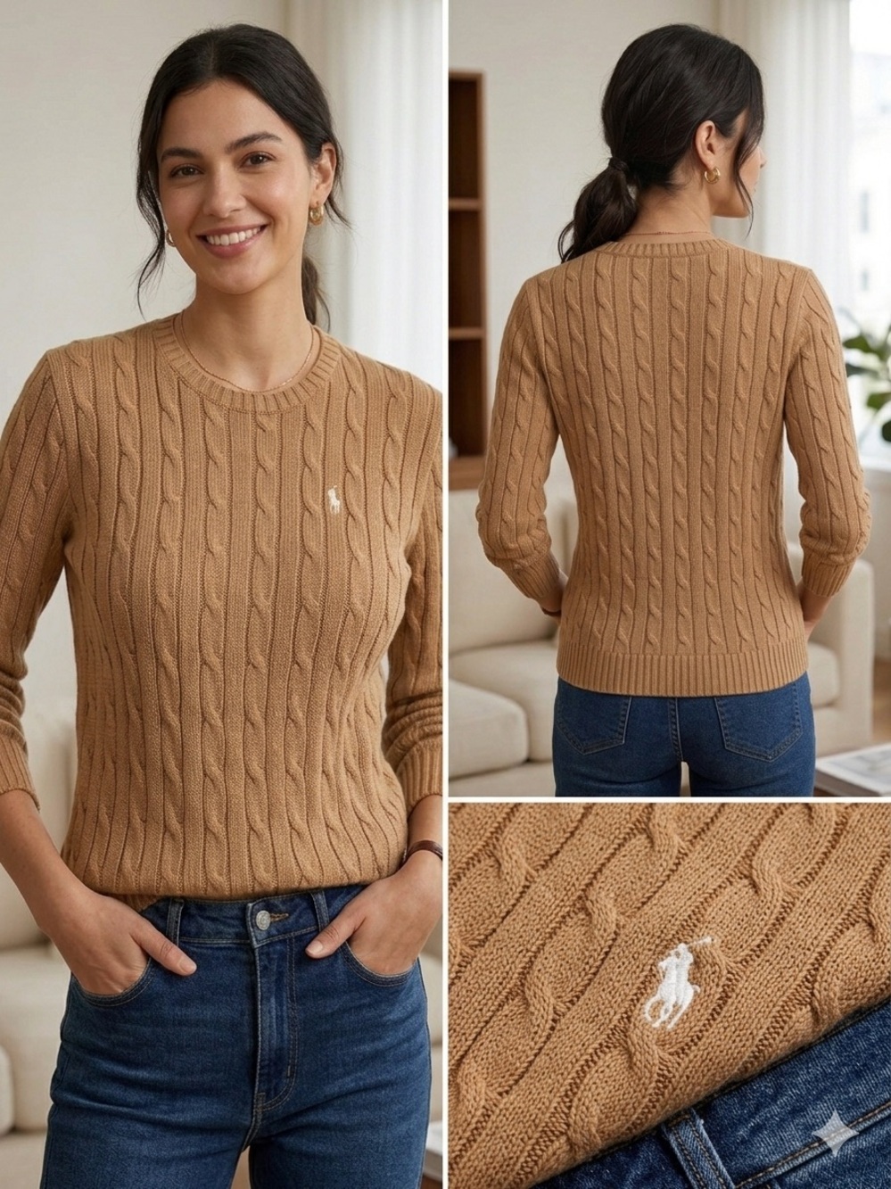 Polo Ralph Lauren Women’s Cable-Knit Cotton Sweater Size L Camel Tan